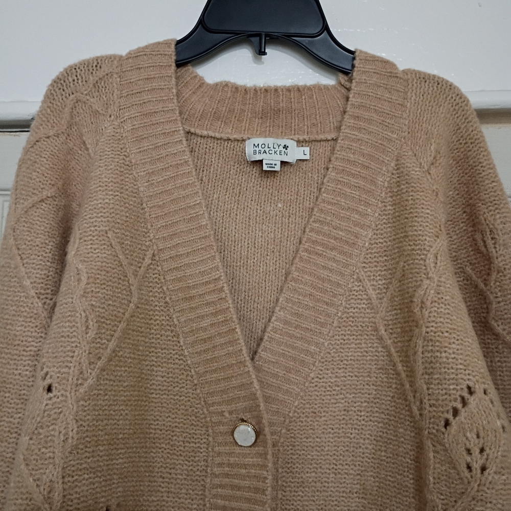 Molly Bracken V-Neck Pointelle Knit Boxy Cardigan Sweater Large Minimalist - Picture 13 of 13
